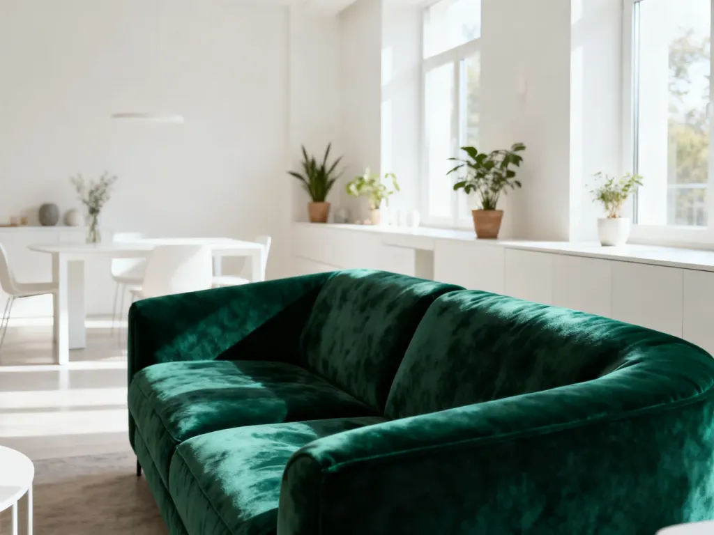Salon z nowoczesnymi białymi meblami i elegancką, szmaragdową kanapą z weluru, tworzącą wyrazisty kontrast w jasnym wnętrzu.