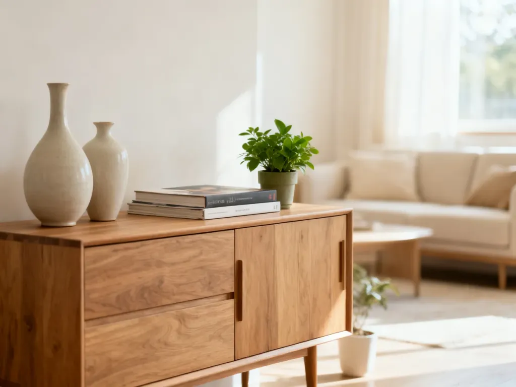 Minimalistyczna komoda w jasnym salonie, udekorowana ceramicznymi wazonami, książkami i rośliną w estetycznym stylu.