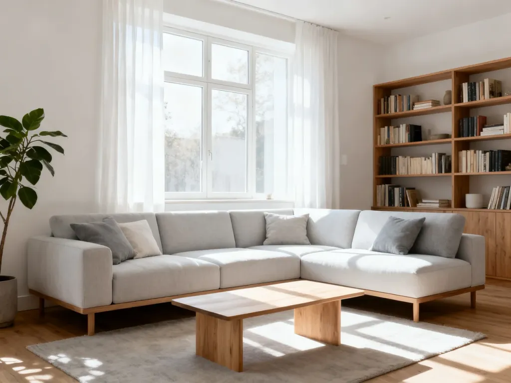 Przytulny salon w stylu skandynawskim z jasną sofą, minimalistycznym stolikiem i dużą ilością naturalnego światła.